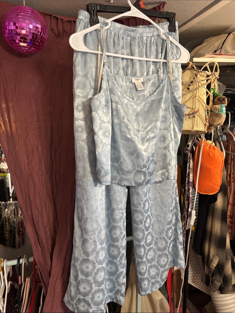 Forever 21 Icy Blue Satin Damask Cami & Wide Leg Pants Lounge Pajama Set